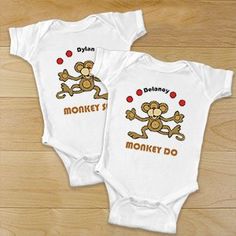 The twins will be ready for a fun and playful day when they wear their stylish Personalized Twin Infant bodysuits. Get ready for an action packed day, full of monkeying around with Mom and Dad. Our Personalized Twin Infant bodysuit is available on our Twin Baby Clothes, Twin Onesies, Personalized Baby Onesies, Twin Shirts, Twin Outfits, New Baby Girls, Twin Babies, Baby Life, Personalized Baby Gifts