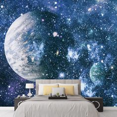 an image of a bedroom with stars and planets in the sky wall mural decal