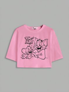 Pink Casual Collar Short Sleeve Knitted Fabric Animal,Cartoon,Figure,Letter  Embellished Slight Stretch  Women Clothing Tom Jerry, Animal Cartoon, Fabric Animals, Tom And Jerry, Cropped T Shirt, Summer Design, Crop Tshirt, Women's Casual, Letter Prints