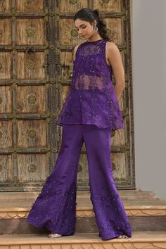 Purple kurta with thread cutwork hand embroidery. Comes with pant and a padded bustier. - Aza Fashions Sarara Pant Design, Women Kurta Set Design, Organza Plazo Suits, Fitted Pant Set For Designer Party Wear, Elegant Sleeveless Set With Intricate Embroidery, Elegant Sleeveless Sets With Intricate Embroidery, Elegant Sleeveless Sets For Eid, Sleeveless Organza Sets For Eid, Sleeveless Sharara With Chikankari Embroidery For Party