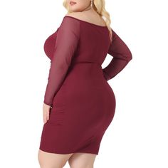 This off-shoulder bodycon dress features long mesh sleeves, ruched detail, and a bodycon mini design that creates an elegant look, perfect for cocktail parties or special events. Designed with a comfortable and flattering plus-size fit, this dress is suitable for women of all sizes who want to look and feel great while dressed up. The classic design of this dress makes it easy to be paired with different accessories and shoes, from heels and pumps to flats or sandals, making it a versatile addit Fall Off-shoulder Ruched Bodycon Dress, Fall Ruched Off-shoulder Bodycon Dress, Mini Bodycon Dress, Plus Size Halloween, Sleeve Packaging, Plus Size Fits, Cocktail Parties, Mesh Sleeves, Mesh Long Sleeve