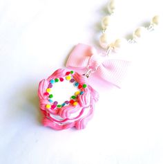 Birthday Cake Necklace Pink and Rainbow by FatallyFeminine on Etsy Jewelry Birthday Cake, Rainbow Sprinkles Cake, Cake Necklace, Rainbow Sprinkle Cakes, Japanese Necklace, Sprinkles Cake, Kawaii Crafts, Pink Photography, Miniature Food Jewelry