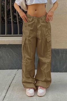 Color: Khaki, Size: M Style Salopette, Pocket Design Fashion, Celana Kargo, Sweatpants Streetwear, Loose Overalls, Celana Fashion, Junior Pants, Overalls Fashion, Casual Cargo Pants