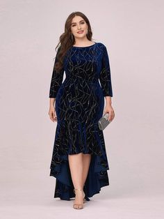 Color=Navy Blue | Elegant Plus Size Bodycon High-Low Velvet Party Dress-Navy Blue 1 Extra Dresses, Velvet Formal Dress, Velvet Evening Dress, Velvet Party Dress, Plus Size Bodycon, Ever Pretty, Most Beautiful Dresses, فستان سهرة, Velvet Fashion