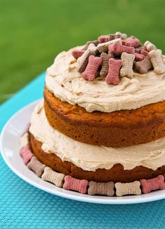 a cake with white frosting and pink and brown dog biscuits on top sits on a blue tablecloth