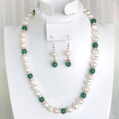 Gorgeous 9-10 Real White Freshwater Pearls And 8mm Green Jade Beads Matching Necklace & Dangle Earrings Set. Rhinestone Spacers Next To The Jade Beads. Necklace Measures 18” Inches. Earrings Are Stamped 925 Sterling Silver. New Condition And Comes In A Gift Box. Bundle & Save: Bundle 2 Or More Items For A Private Discount Next Day Shipping On All Orders 5 Star Rated Poshmark Ambassador Elegant Green Jewelry With 8mm Beads, Elegant Green 8mm Beads Jewelry, White 8mm Beads Jewelry For Anniversary, White Pearl Jewelry With Gemstone Beads, Green Pearl Drop Jewelry With Round Beads, Green Pearl Jewelry, Green Jade Necklace, Jade Bead Necklace, Pearl Jewelry Sets