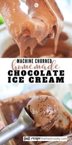 chocolate ice cream is being spooned into a bowl with the words machine churnished