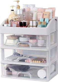 an organized makeup organizer with lots of beauty products