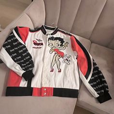 Super Rare And One Of A Kind Baseball Jacket Never Worn Out. Run Slightly Shorter/Smaller White Y2k Style Streetwear Outerwear, White Y2k Streetwear Outerwear, White Y2k Outerwear For Streetwear, Y2k Black Outerwear With Graphic Print, White Y2k Outerwear For Spring, White Y2k Spring Outerwear, 90s Style Pink Long Sleeve Outerwear, Outfits Cartoon, Betty Boop Pink