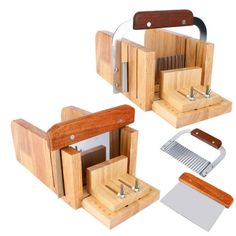 three pieces of wood are being used to sharpen cheeses and graters