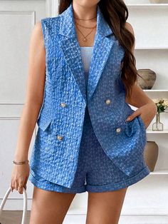 Plus Size Women Textured Sleeveless Blazer And Shorts Set Blue Elegant    Plain,Plants  Non-Stretch Spring/Fall Women Plus Clothing, size features are:Bust: ,Length: ,Sleeve Length: Blazer Dress Plus Size, Lace Dress Styles, Sleeveless Blazer, Plus Size Suits, Blazer And Shorts, Kids Sleepwear, Dress Plus Size, Blazer Dress, Dress Styles