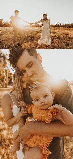 a man and woman holding a baby in their arms while the sun shines down on them