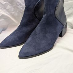 Journey Collection Consuello Navy Leather And Suede Ankle Boots, 2" Square Zipper Heel. Hard To Find, Super Cute And Comfortable Too! Blue Ankle Boots For Work, Casual Blue Ankle Heeled Boots, Blue Pointed Toe Boots With Reinforced Heel, Casual Blue Pointed Toe Heeled Boots, Elegant Blue Ankle-high Boots, Blue Round Toe Workwear Boots, Elegant Blue Almond Toe Boots, Blue Workwear Boots With Round Toe, Blue Ankle Boots Medium Width