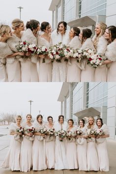 the bride and her bridal party are posing for pictures