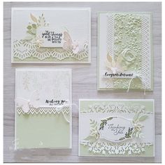 four cards with lace and flowers on them, one is white and the other has green