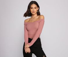 Simple yet stylish. this off the shoulder crop top is a necessary basic for so many cute 'fits!Fit & Features Off the shoulder neckline Long fitted sleeves Banded cropped hem Ribbed knit fabric Plenty of stretch Model is 5'4" with a 32" bust. 23" waist and 38" hips. She is wearing a size small. Damas Dresses, Corset Outfits, Purple Bridesmaid Dresses, Bodycon Dresses Casual, Bachelorette Outfits, Red Bridesmaid Dresses, New Years Eve Dresses, Ribbed Knit Fabric, Black Bridesmaid Dresses