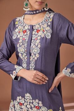 Blue high-low kurta with floral pearls and thread embroidery. Paired with coordinating palazzo and choker dupatta. - Aza Fashions Choker Dupatta, Women Kurta, Palazzo Set, Thread Embroidery, Silk Embroidery, Set Women, Aza Fashion, Fashion Set, Full Sleeve