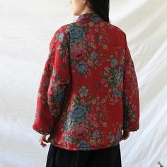 One Size: length 70cm, bust 136cm, shoulder and sleeve 65cm. Notes: the Error within 3 cm due to manual measurement (Unit: cm 1 inch = 2.54 cm, 1 cm = 0.39 inch) Casual Red Outerwear With Stand Collar, Fall Floral Print Outerwear With Stand Collar, Red Stand Collar Outerwear With Buttons, Red Outerwear With Stand Collar And Button Closure, Red Oversized Outerwear For Spring, Oversized Red Outerwear For Spring, Red Long Sleeve Top With Button Closure, Red Cotton Long Sleeve Outerwear, Winter Red Floral Print Outerwear