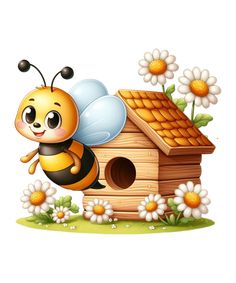 a bee near the wooden house with flowers on a white background