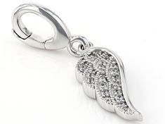 Vanna K™ for Bella Luce ® white diamond simulant 0.17ctw round, Platineve™ over sterling silver angel wing charm. Measures approximately 1"L x 0.25"W and has a 3mm bail. Each Vanna K™ design has a signature label that features a lab created sapphire. Elegant Sterling Silver Charms In White Gold, Diamond Charms With Diamond Accents For Gifts, Elegant White Gold Sterling Silver Charms, Elegant Wing-shaped Cubic Zirconia Jewelry, White Gold Pendant Charms For Anniversary, Elegant White Anniversary Charms, Silver Cubic Zirconia Charms For Anniversary, Silver Cubic Zirconia Pendant Charms, Silver Pendant Charms With Cubic Zirconia