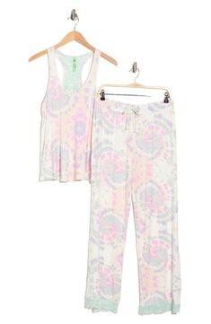 Lounge in ultimate comfort in this super soft scoop neck tank and pajama bottoms set. 2-piece set Top: 24" length; Pants: 13" rise, 29" inseam (size S) Top: scoop neck, sleeveless, racerback, knit construction, lace trim Bottoms: elasticized drawstring waist, pull-on style, knit construction, lace trim 95% rayon, 5% spandex Machine wash Imported Model’s stats for sizing: 5’11” height, 32” bust, 24” waist, 34” hips. Model is wearing size S. Casual Sleeveless Lounging Sets, Multicolor Long Pants Sleepwear For Loungewear, Casual Multicolor Loungewear Sets, Casual Matching Set Bottoms For Pajama Party, Multicolor Matching Set Bottoms For Loungewear, Pajama Bottoms, Honeydew, Racerback Tank, Drawstring Waist