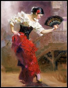 a painting of a woman in a red dress holding a fan and looking down at the ground