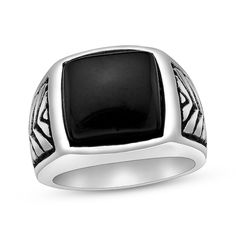 Wear this black agate ring when you want to stand out from the crowd. Stainless steel with black ion plating Ring features a 12.25mm square-shape agate Unique feather pattern adorns the shank Adjustable Black Signet Ring With Polished Finish, Black Rectangular Stainless Steel Jewelry, Black Stainless Steel Rectangular Jewelry, Black Rectangular Signet Ring For Formal Occasions, Formal Black Stainless Steel Signet Ring, Classic Black Square Jewelry, Modern Black Ring With Rectangular Stone, Modern Black Jewelry With Rectangular Stone, Modern Black Square Jewelry