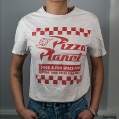 Pizza Planet T-Shirt From Toy Story (Never Worn Besides For This Photo) Pizza Planet Shirt, Pizza Outfit, Pizza Clothes, Planet Shirt, Pizza Planet, Toy Story, Planets, Colorful Shirts, Pizza