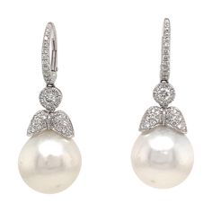 18K white gold, 2 diamonds 0.16 cts. 80 diamonds 0.59 cts 13-14 mm South Sea Pearls Diamond Pearl Earrings, Pearl And Diamond Earrings, South Sea Pearls, Sea Pearls, Women Diamond, Wedding Accessories, Pearl Earrings, Jewelry Earrings, Diamonds