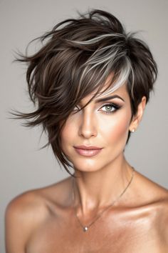 Pixie With Bangs Over 40, Dark Brown Pixie With Highlights, Ombre Pixie Hair, 2024 Pixie Trends, Pixie Cut Hair Color, Long Pixie With Undercut, Fall Pixie Hair Color, Brunette Pixie With Highlights, Asymmetrical Pixie Edgy