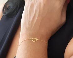 Gold Heart Bracelet 9K 14K 18K Rose Gold Bracelet Solid Gold | Etsy Yellow Gold Heart Bracelet For Everyday, Minimalist Heart Bracelet For Anniversary, Everyday Yellow Gold Heart Bracelet, 14k Gold Bracelet For Everyday Valentine's Day, Minimalist 14k Gold Heart Bracelet For Valentine's Day, 14k Gold Bracelet For Everyday And Valentine's Day, Delicate 14k Gold Heart Bracelet, Elegant Open Heart Bracelet As Gift, Elegant Open Heart Bracelets For Mother's Day