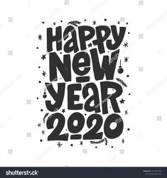 happy new year 2020 lettering design with stars and snowflakes on the white background