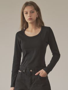 "Editor's NotesThis is a cotton t-shirt that can be worn in any season. It's designed with a deep scoop neck, making it a basic t-shirt but great to wear with a feminine mood. We used fabric that has undergone a separate washing process to minimize deformation due to wear and washing, considering its high utility as an item.- Made with the material that has good elasticity- The fit that wraps around the body line highlighting the body's curves and volume- Can be widely used either as a single item or as an inner top under a jacket* The product color may be closer to the color shown in the detailed shots due to the lighting; minor color differences may occur depending on the monitor type and settings.Measurements(in.)One Size(XS-M)- Length: 20.47 in.- Shoulder: 14.57 in.- Chest: 16.93 in.- Basic Scoop Neck T-shirt For Fall, Black Scoop Neck T-shirt For Fall, Fall Basic Scoop Neck T-shirt, Basic Scoop Neck Tops, Trendy Scoop Neck T-shirt For Fall, Fitted Scoop Neck T-shirt For Fall, Body Curves, Basic T Shirt, Color Show