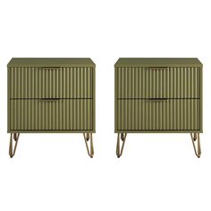 two green metal nightstands side by side, one with an open drawer and the other without