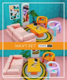 two different views of a living room with pink and yellow furniture, blue walls, and green plants