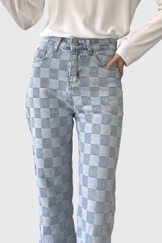 These Patterned Ankle-Length Jeans are designed with a high rise and straight fit, featuring pockets and a button closure. The ankle length provides a flattering look with a hint of edge.Fabric: Cotton, Polyester Ankle Length Jeans, A Button, Fabric Cotton, Ankle Length, Active Wear, High Rise, Jumpsuit, Pattern, Fabric