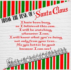 a christmas card with santa claus's poem in red, green and white stripes