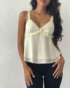 Ivory Ruffle Trim Cami Top | Melinda – motelrocks-com-us Cheap Flowy Top With Lace Trim, Affordable Ruffled Cami Tank Top, Mia Ortiz Mirror Palais, Cheap Fitted Feminine Tops, Flowy Cami Top, Chiffon Cami Tops, Bow Applique, Hem Design