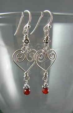 Heart Earrings With Gemstone Drop, Sterling Silver, Heart Earrings, Gemstone Earrings, Gem Choice, Silver Heart, Yoga Jewelry, Red Earrings - Etsy Diy Valentines Earrings, Heart Earrings Diy, Heart Yoga, Wire Jewelry Earrings, Sterling Silver Heart Earrings, Wire Wrap Jewelry Designs, Wire Jewelry Making, Valentines Earrings, Silver Heart Earrings