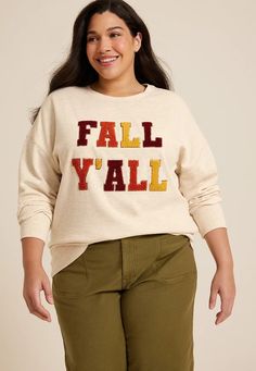 Plus Size Fall Yall Oversized Fit Sweatshirt Oversized Fall T-shirt, Oversized Tops For Fall College Style, Oversized College Style Tops For Fall, Trendy Long Sleeve Top With Embroidered Graphics, Trendy Graphic Print Sweatshirt For Fall, Trendy Embroidered Graphics Tops For Fall, Fall College Sweatshirt With Text Print, College Fall Sweatshirt With Text Print, Cotton T-shirt For Fall Loungewear