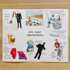 an illustrated postcard with pictures of people and their wedding dates on it, along with the words our first anniversary