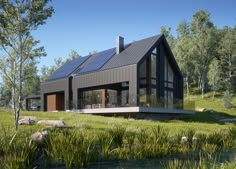 a modern house with solar panels on the roof and windows is shown in this rendering