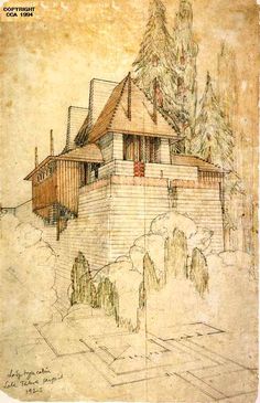 a drawing of a house with trees in the back ground and on top of it