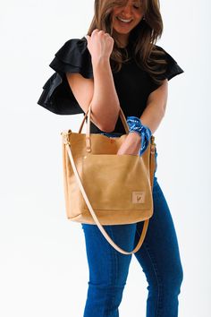 Virginia Leather Small Tote | Meanwhile Back on the Farm Horse Hair Tassels, Lynchburg Virginia, Raw Leather, Key Clip, Dark Denim Jeans, On The Farm, Natural Tan, Aging Gracefully, Pocket Top