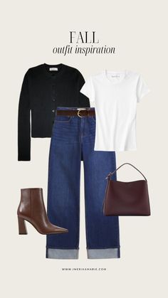 Casual fall outfit. outfit inspo fall. 2024 autumn outfits. fall outfit. winter outfits. black cardigan. white t-shirt. blue jeans. dark wash jeans. brown booties. brown boots. brown purse. Dark Brown Boots Outfit, Blue Jeans Outfit Winter, French Fall Outfits, Brown Booties Outfit, Preppy Casual Outfits, Dark Washed Jeans Outfit, Black Booties Outfit, Dark Blue Jeans Outfit, Dark Jeans Outfit