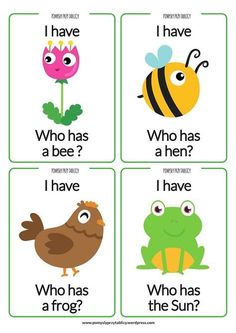 four cards with pictures of different animals and words that say i have who has a bee?