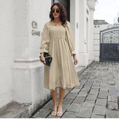 Nwt. Arrived Too Late To Wear For Pictures And Unable To Return. Neutral/Beige/Taupe Color. Reminded Me Of Reformation Belgium Dress. Square Neckline Dress With Sleeves, Plain Midi Dress, Square Neck Midi Dress, Beige Dress, Square Neck Dress, Flowy Skirt, Medium Long, Beach Dresses, Spring Dresses