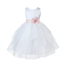 The elegant feature is made out of White Satin Poly upper body and sleeveless bodice with an elegant 5 tiered Shimmering Organza skirt. The waistline is decorated with a removable Satin Poly Sash and Flower to make this dress more elegant. The back of the dress has elegant cute buttons closure and a nice bow you can tie for a snug fit. Size: S.  Color: Pink.  Gender: female.  Age Group: kids. Mommy Shirt, Girl Baptism, Cute Buttons, Organza Skirt, White Flower Girl Dresses, Mommy Shirts, Baptism Girl, Kids Outfits Girls, Flower Girl Dress