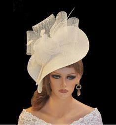 Large White & Ivory Hat Fascinator with long Quill Feather, Crinoline Roses and bows perrfect for Mother of Bride or Goom, Royal Ascot, Kentucky Derby, Weddings Goodwood revival, Christening, Ascot or any special occasion. Gorgeous White straw weave Hat fascinator long quill feather  Crinoline  Roses and featherd flowers This hat has been made by hand and very light to wear 38cm (15 inches) Saucer hat This hat is designed to be worn tilted on the side of the head with  long Quill feathers and Fe Wedding Hats For Bride, Mummy Dress, Race Wedding, Saucer Hat, Ascot Horse Racing, Church Lady Hats, White Fascinator, Royal Ascot Hats, White Cocktails