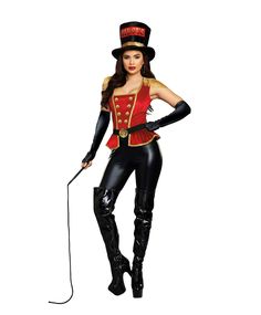 a woman dressed in black and red is holding a cane while wearing a top hat